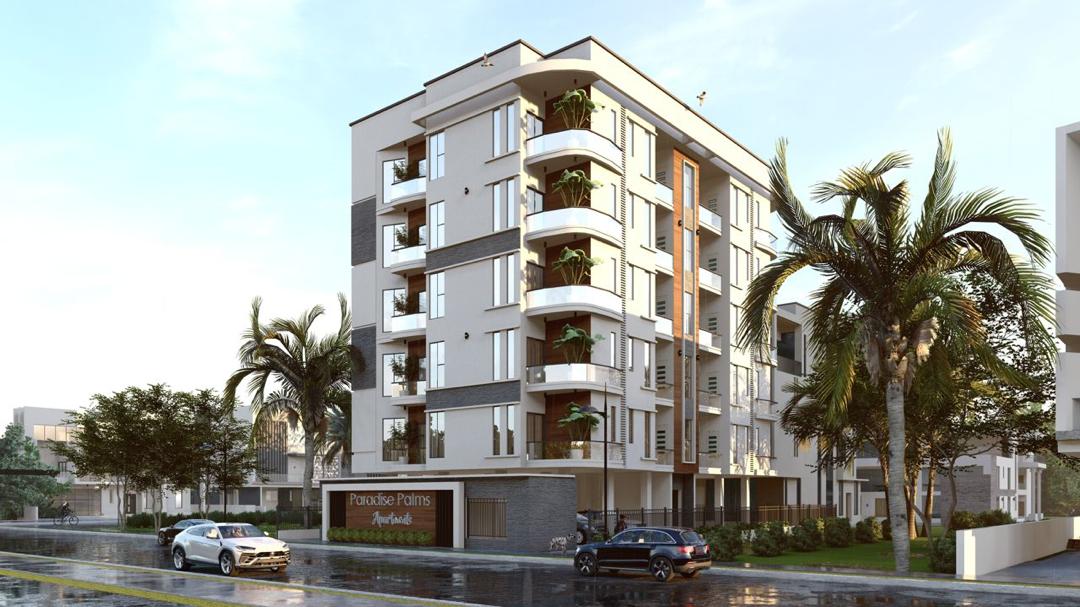 Paradise Palms — Corner elevation, day